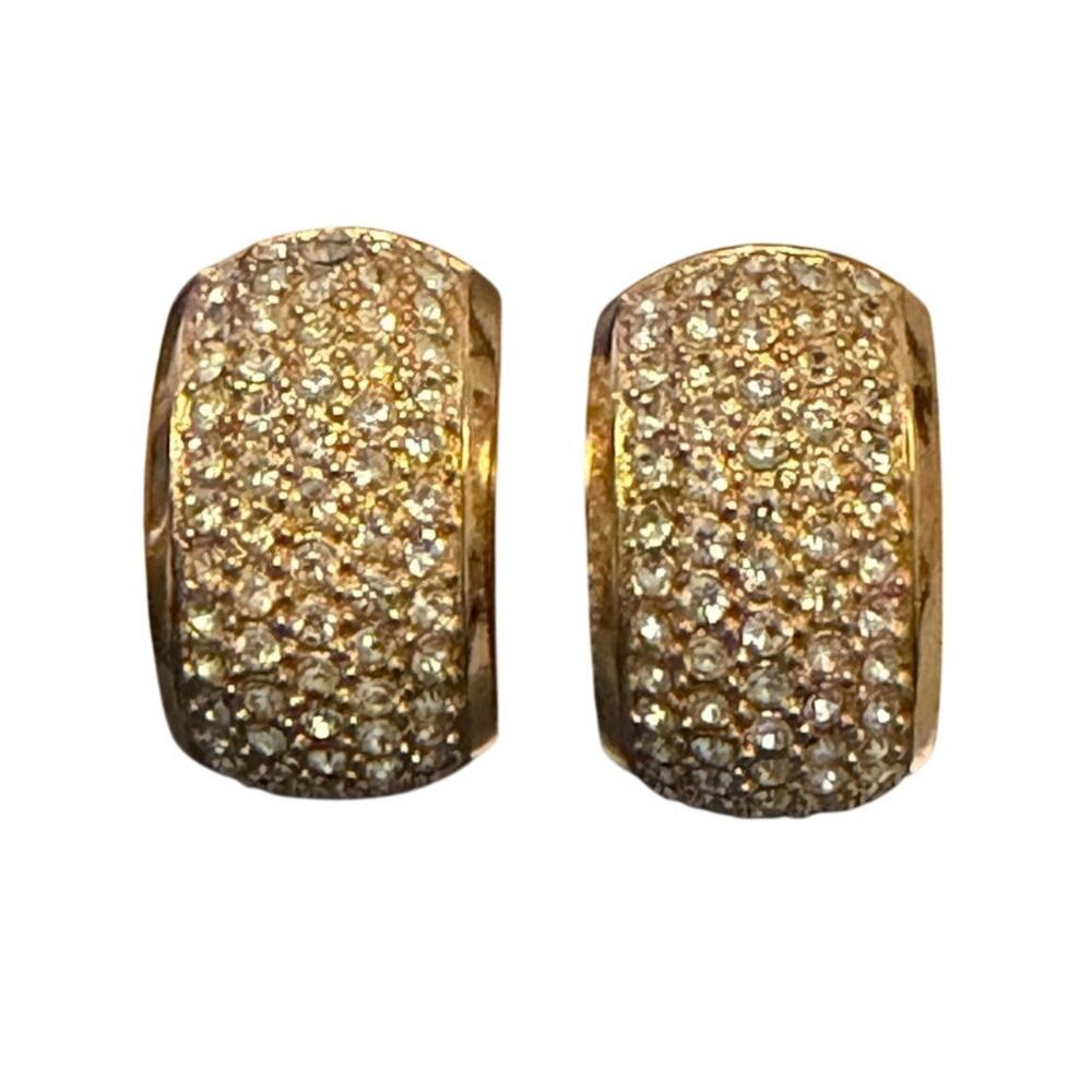 Christian Dior Gold-tone Pave Rhinestone Half Hoop Pierced Earrings, Vintage